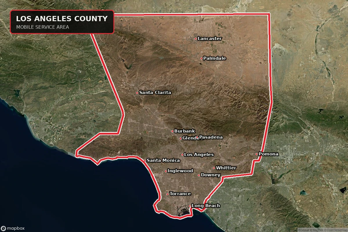 Satellite map of Los Angeles County with the mobile service area outlined in red